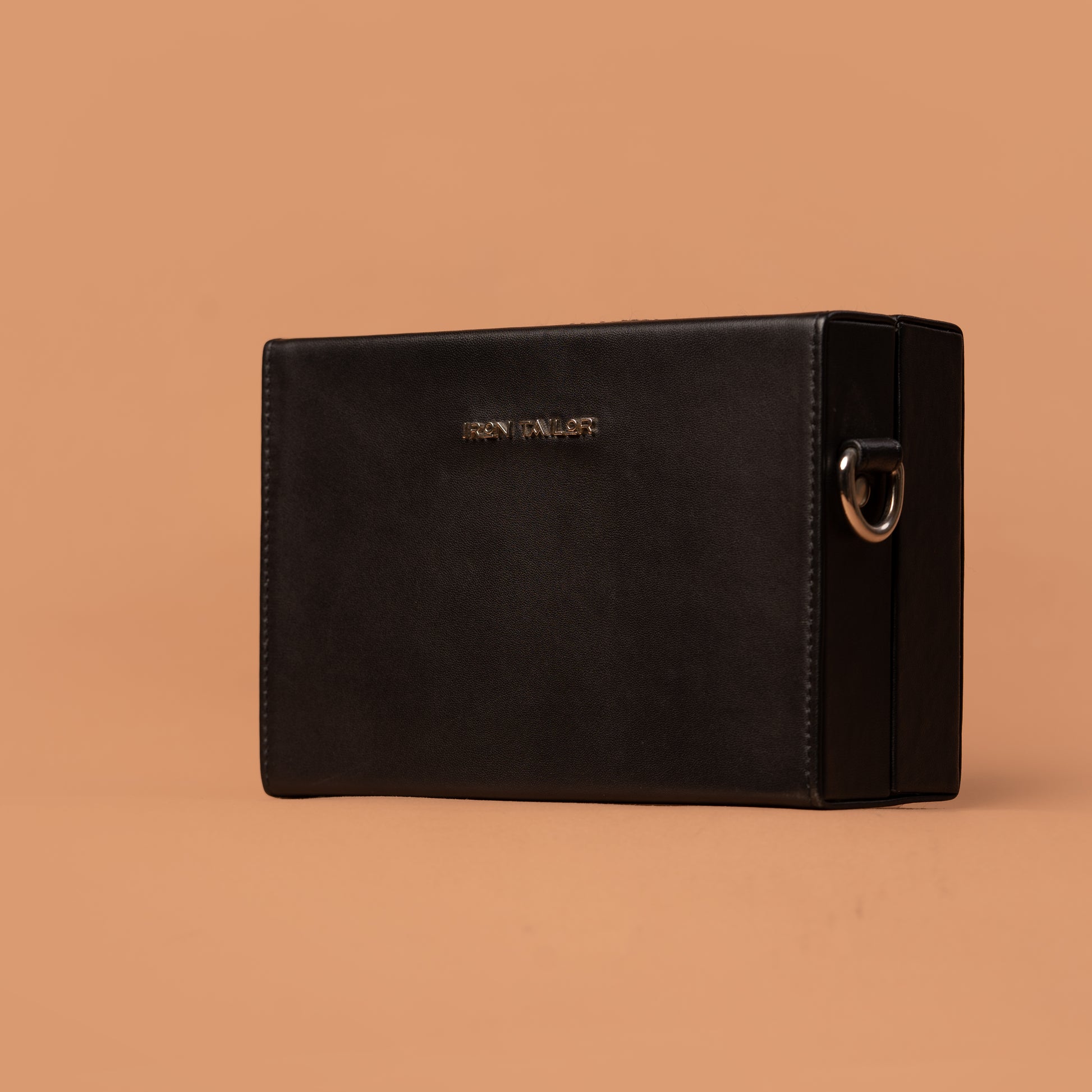 Front View of Black Genuine Leather Clutch Box Bag | Iron Tailor