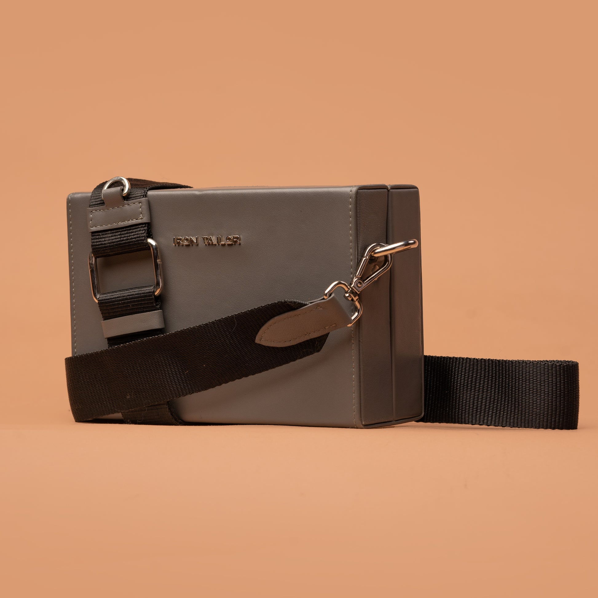 Grey Leather Clutch Box Bag with Spacious Interior | Iron Tailor