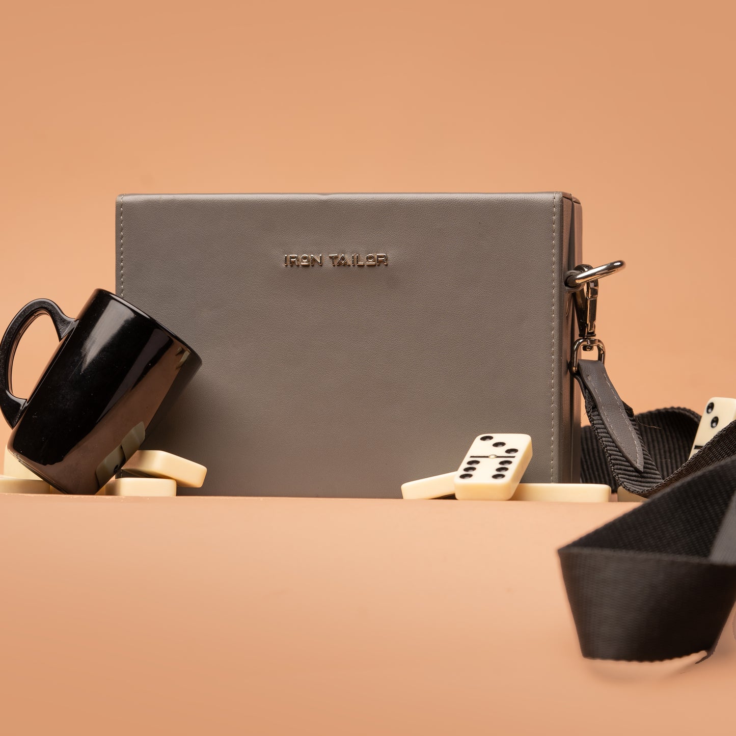 Grey Genuine Leather Clutch Box Bag Front View | Iron Tailor