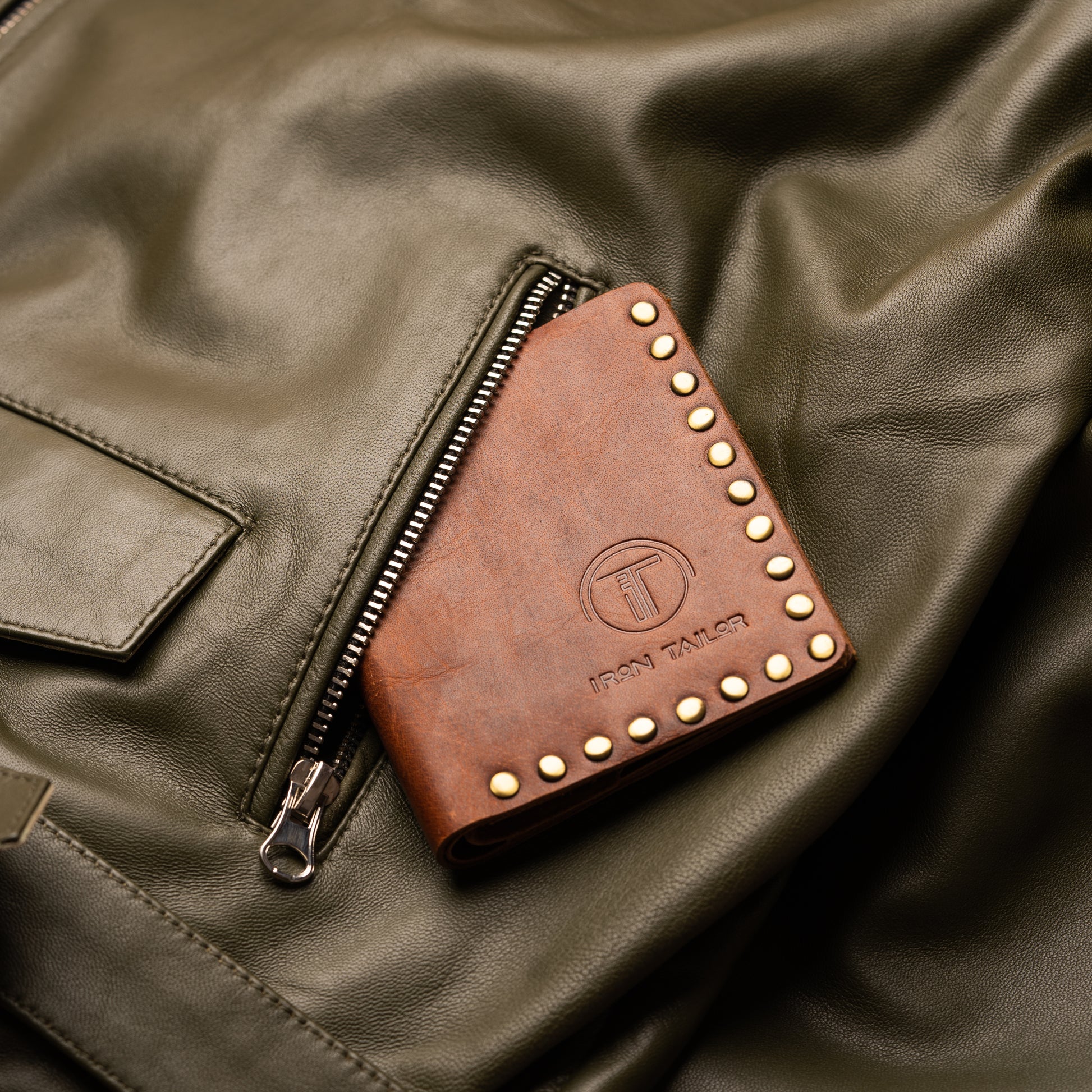 Leather Rivet Wallet on Leather Jacket | Iron Tailor