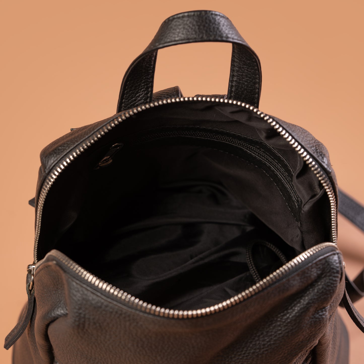 Black Leather Office Backpack Open Top View | Iron Tailor