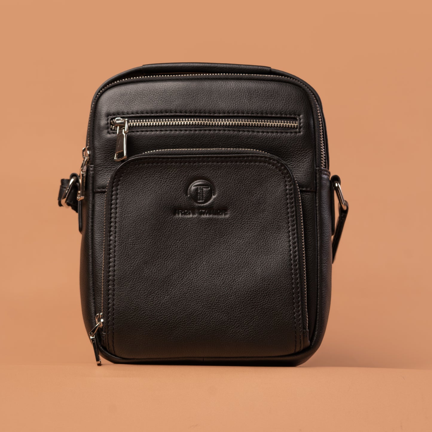 Black Genuine Leather Multizip Sling Bag | Iron Tailor