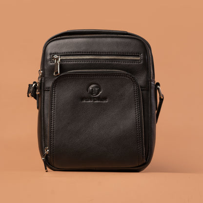 Black Genuine Leather Multizip Sling Bag | Iron Tailor
