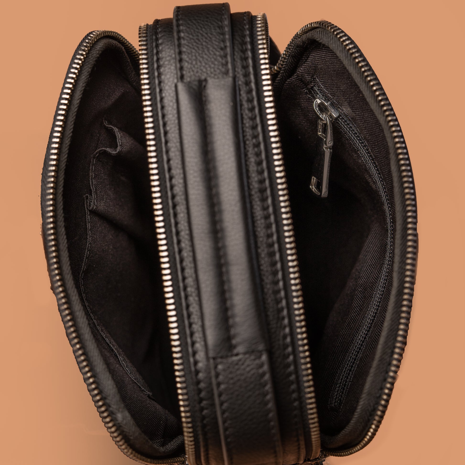 Black Leather Multizip Sling Bag Interior Compartments | Iron Tailor