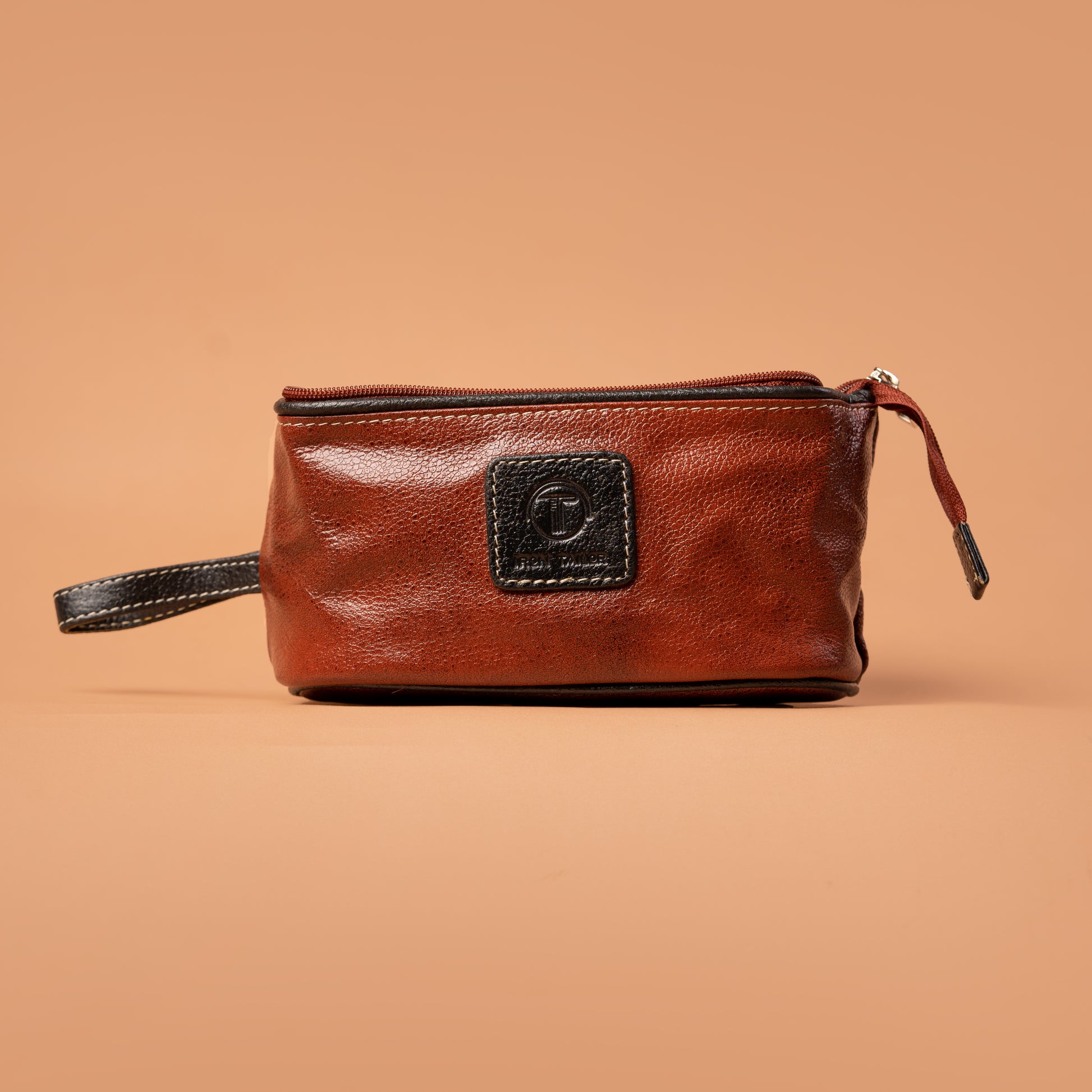 Brown Genuine Leather Dopp Kit Front View | Iron Tailor
