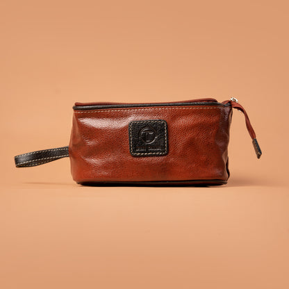 Brown Genuine Leather Dopp Kit Front View | Iron Tailor