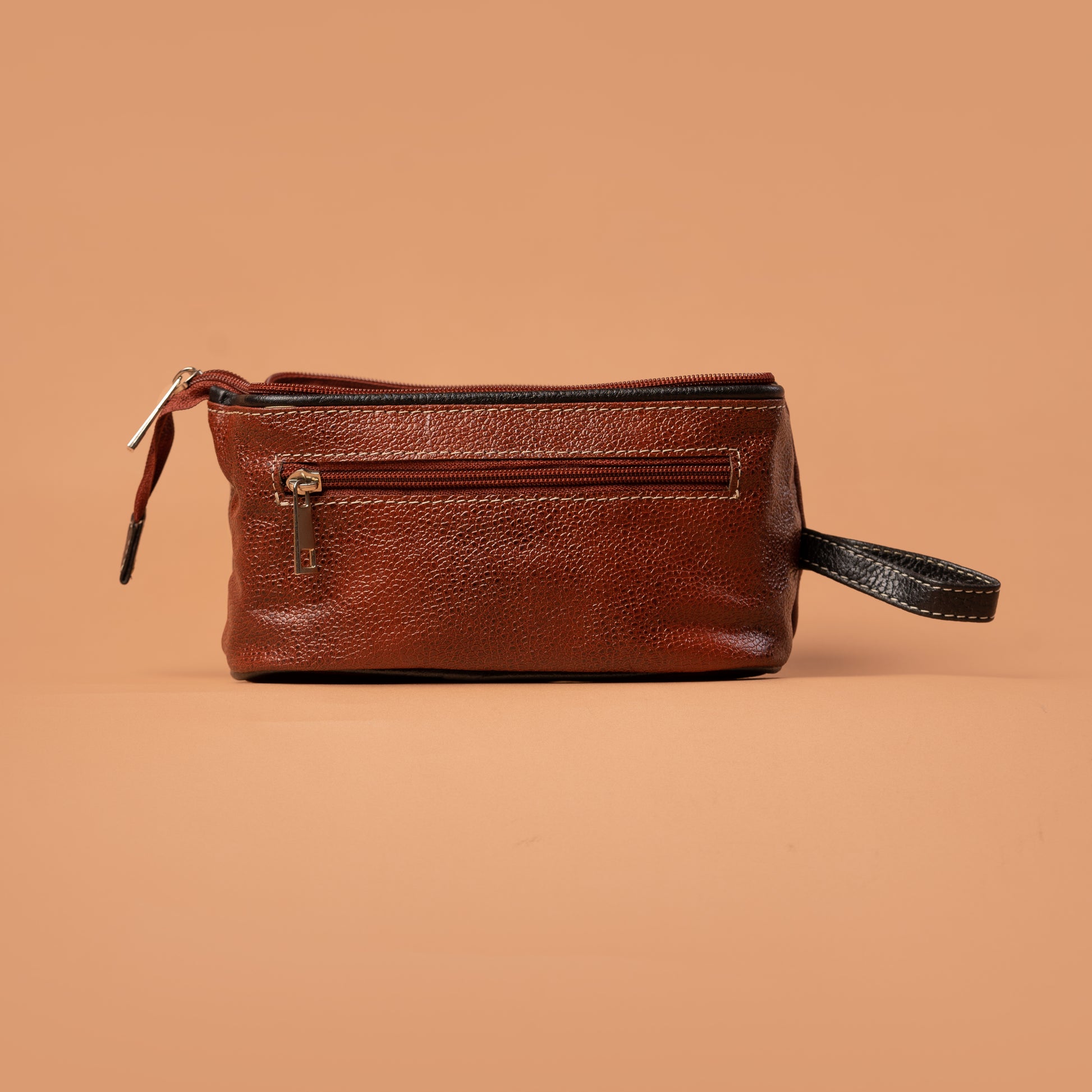 Brown Leather Travel Toiletry Bag with Back Zip | Iron Tailor