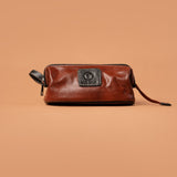 Brown Leather Toiletry Bag Front View | Iron Tailor