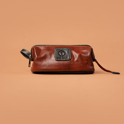 Brown Leather Toiletry Bag Front View | Iron Tailor