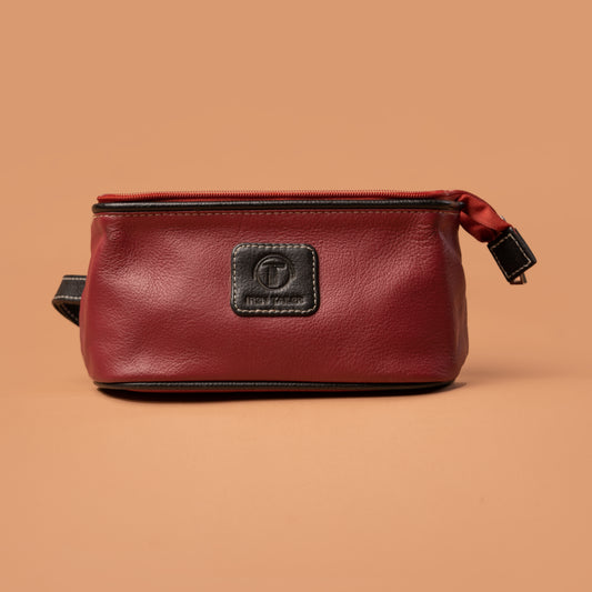 Red and Black Leather Toiletry Bag Front View | Iron Tailor