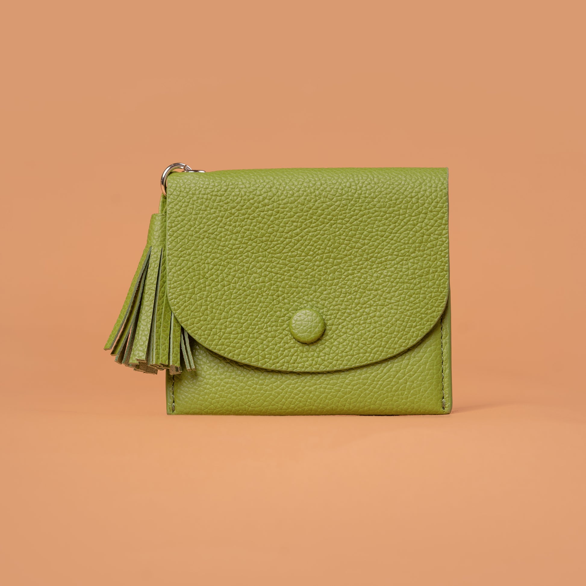 Tassel Touch Mini Green Leather Wallet Front View | Iron Tailor