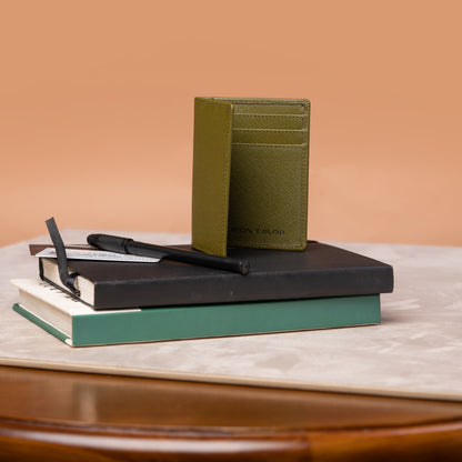 Green Slim Fold Card Case on Desk Setup | Iron Tailor
