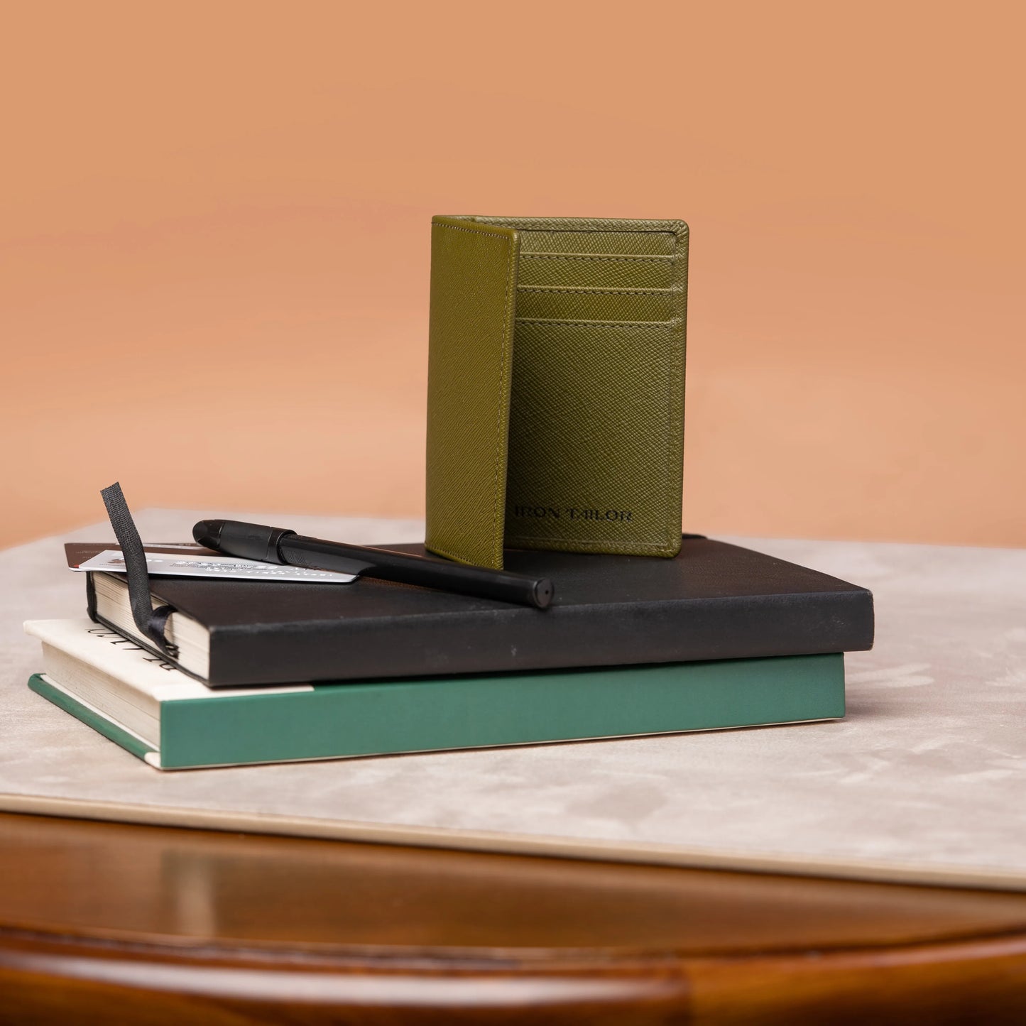Green Slim Fold Card Case on Desk Setup | Iron Tailor