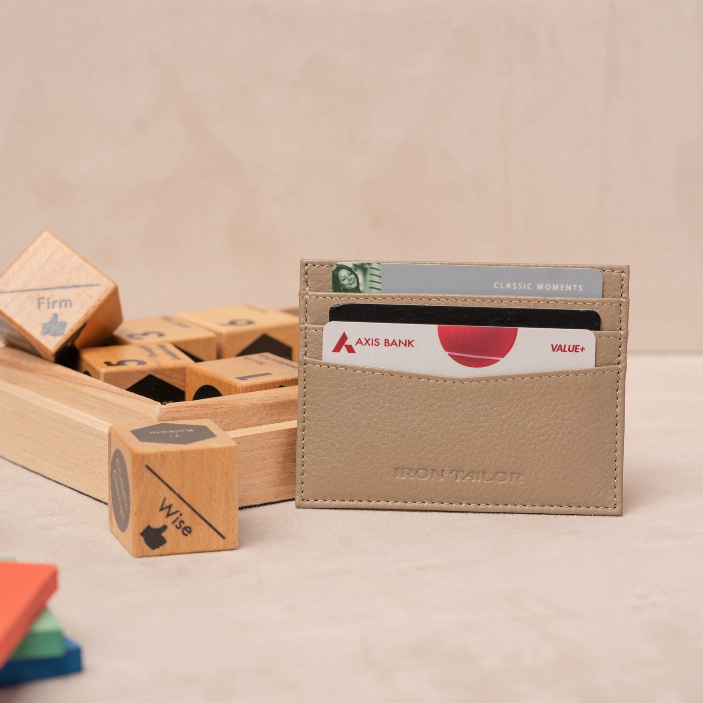 Beige Genuine Leather Card Holder  with Card Storage | Iron Tailor