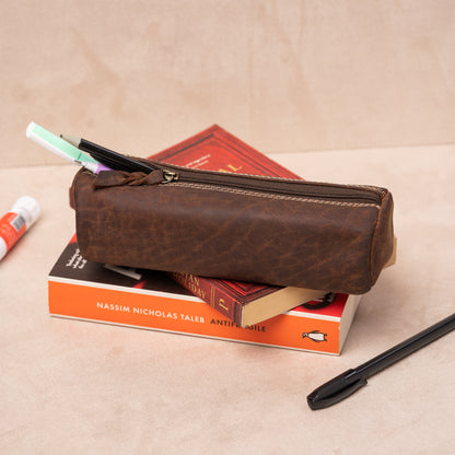 Brown Genuine Leather Pencil Box Lifestyle View | Iron Tailor