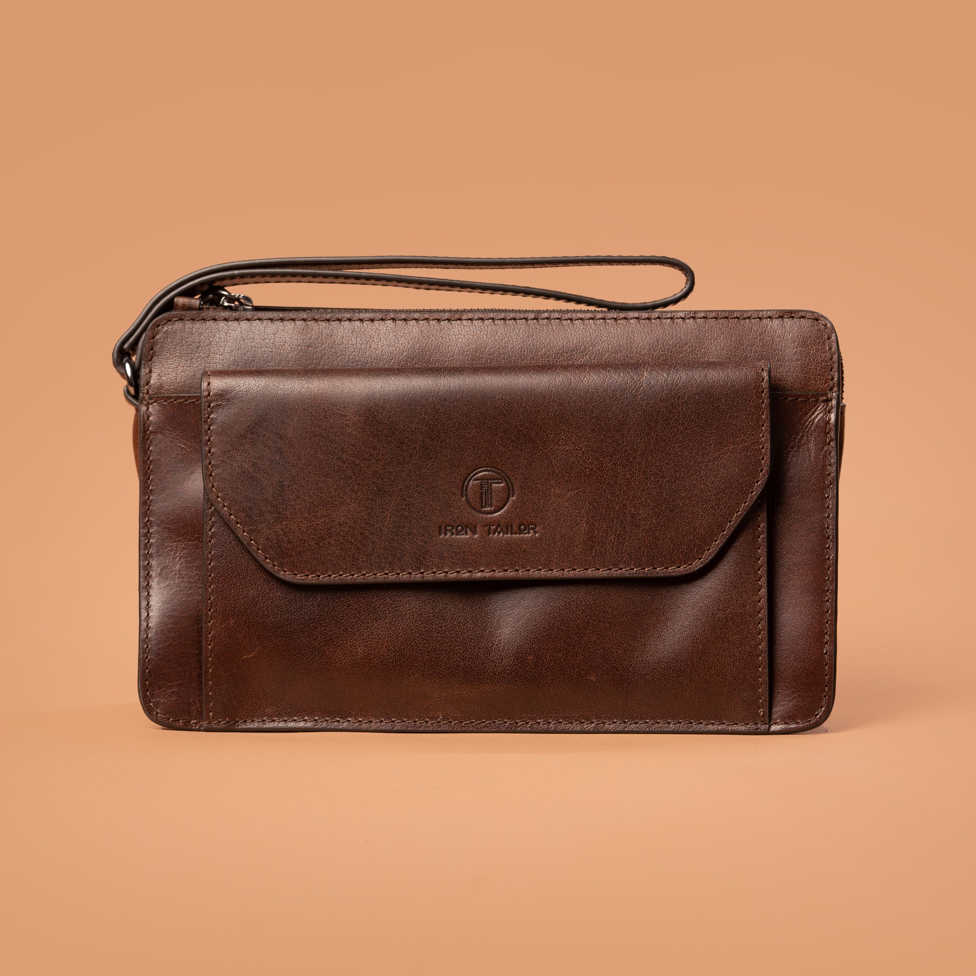 Brown Genuine Leather Wristlet Clutch Bag with Front Flap Pocket | Iron Tailor