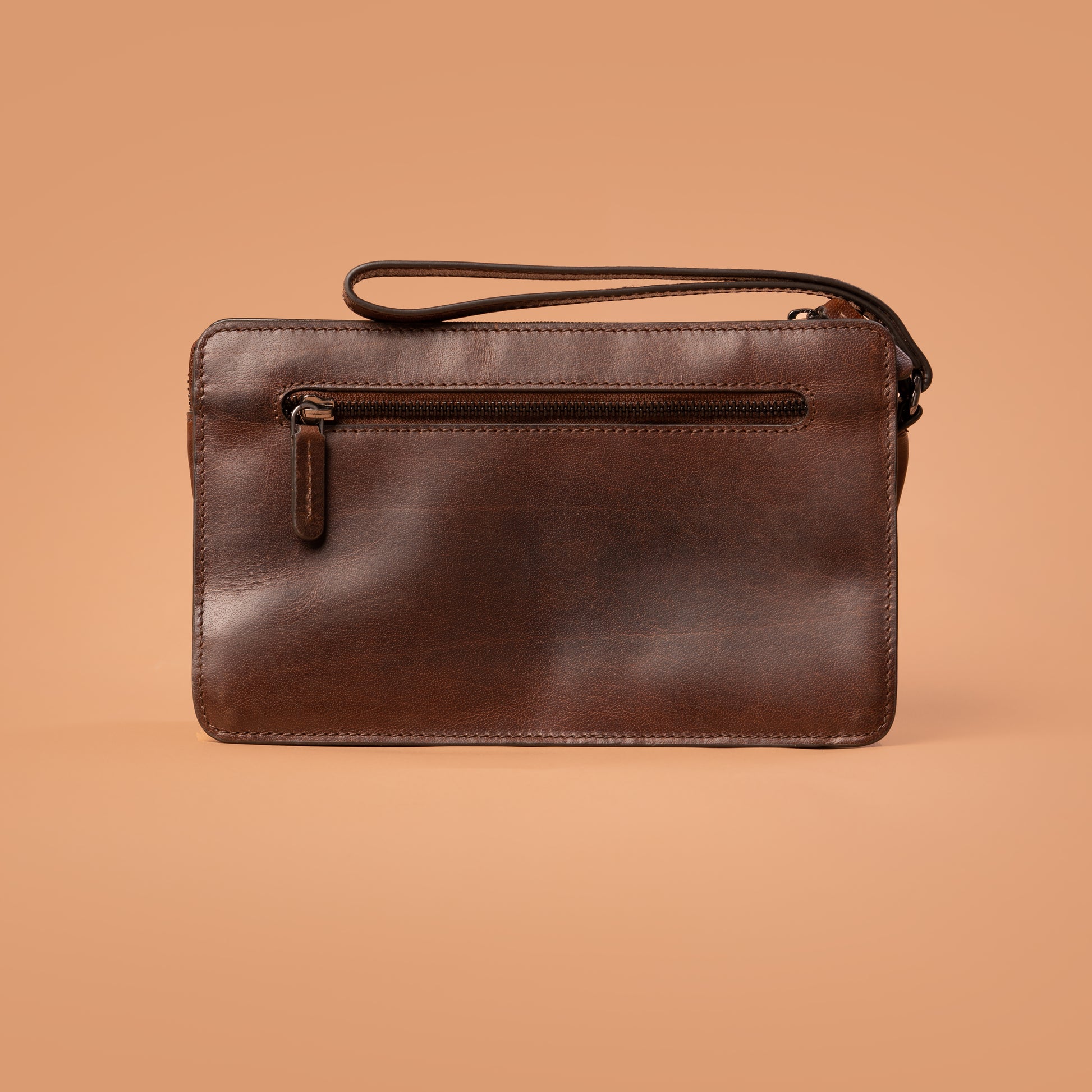 Back View of Brown Genuine Leather Wristlet Clutch Bag | Iron Tailor