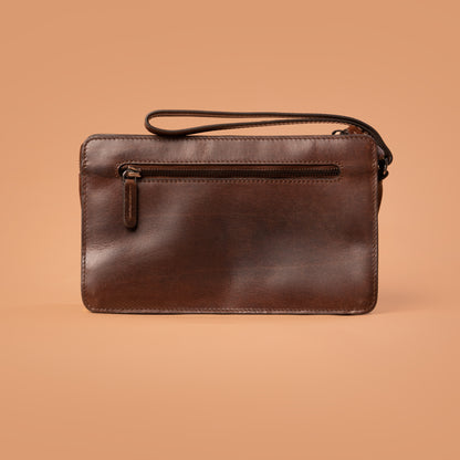 Back View of Brown Genuine Leather Wristlet Clutch Bag | Iron Tailor