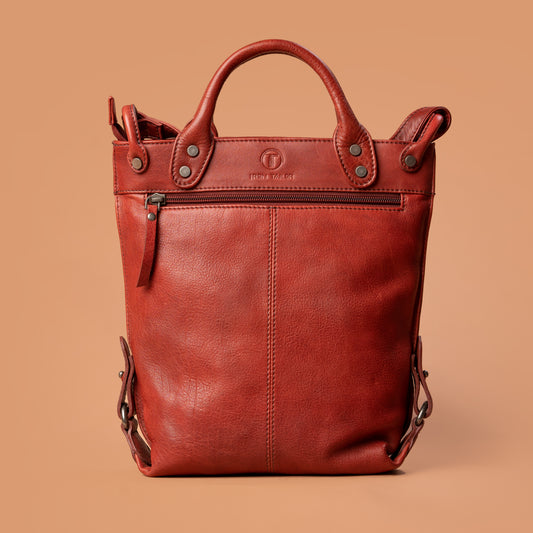 Maverick Hand Bag Red Leather Back View | Iron Tailor