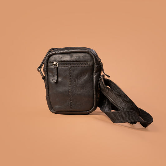 Black Leather Nighter Sling Bag Side View | Iron Tailor