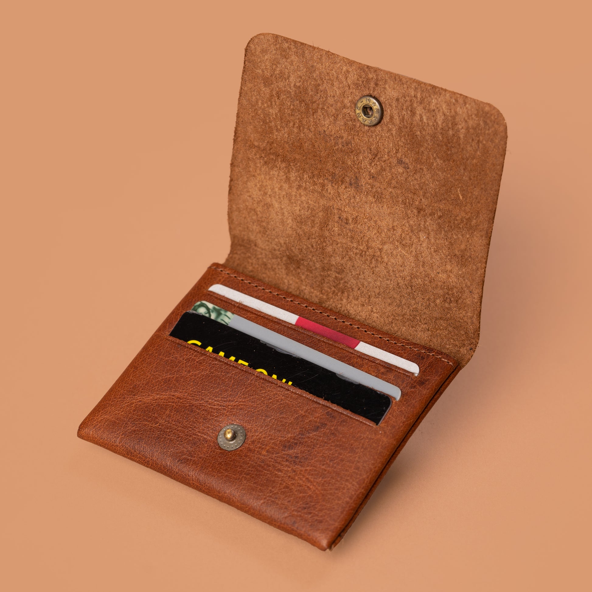 Brown Leather Snap Button Card Holder with Card Slots | Iron Tailor