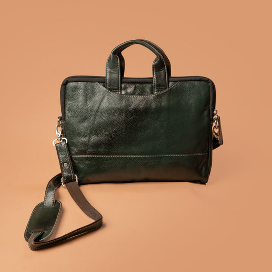 Green Leather Laptop Bag with Adjustable Shoulder Strap | Iron Tailor