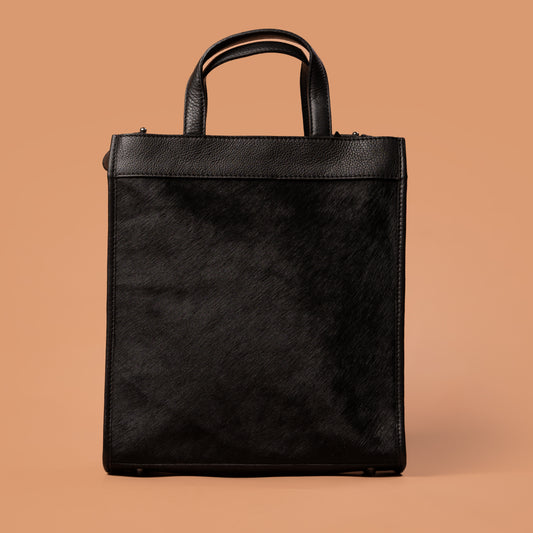 Black Hairon Leather Tote Bag for Women with Top Handles | Iron Tailor