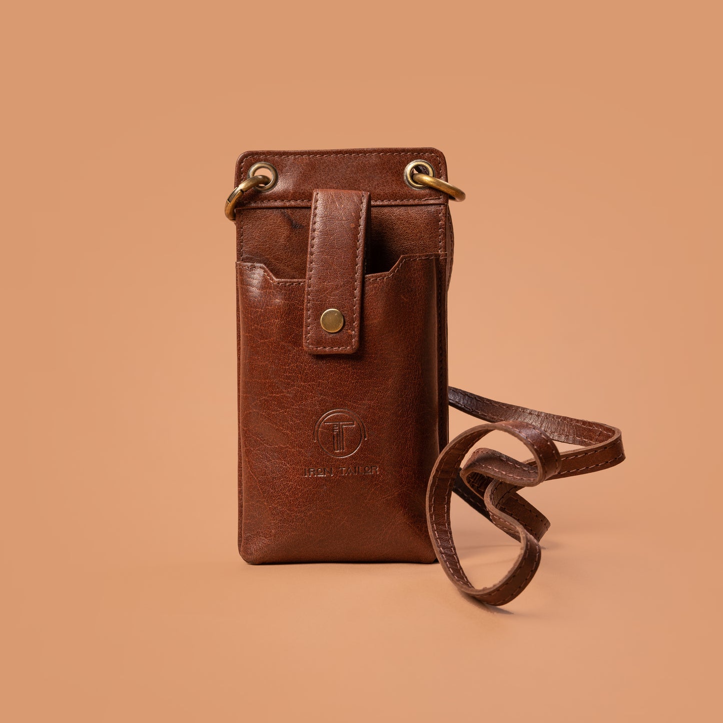 Front View of Leather Mobile Holder with Strap | iron tailor