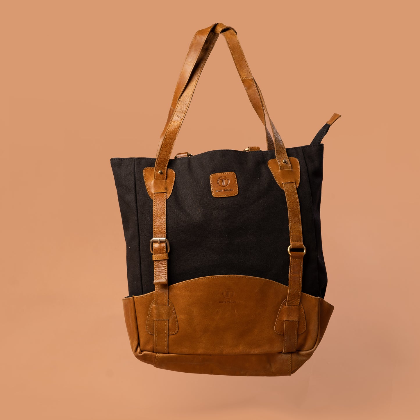 Canvas Tote Bag with Leather Trim in Black & Tan | Iron Tailor