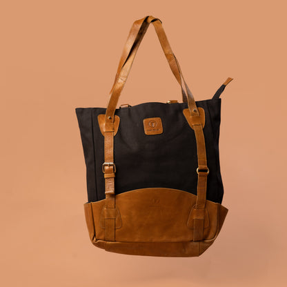 Canvas Tote Bag with Leather Trim in Black & Tan | Iron Tailor