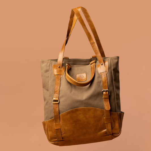 Grey Canvas Tote Bag with Genuine Leather Accents | Iron Tailor