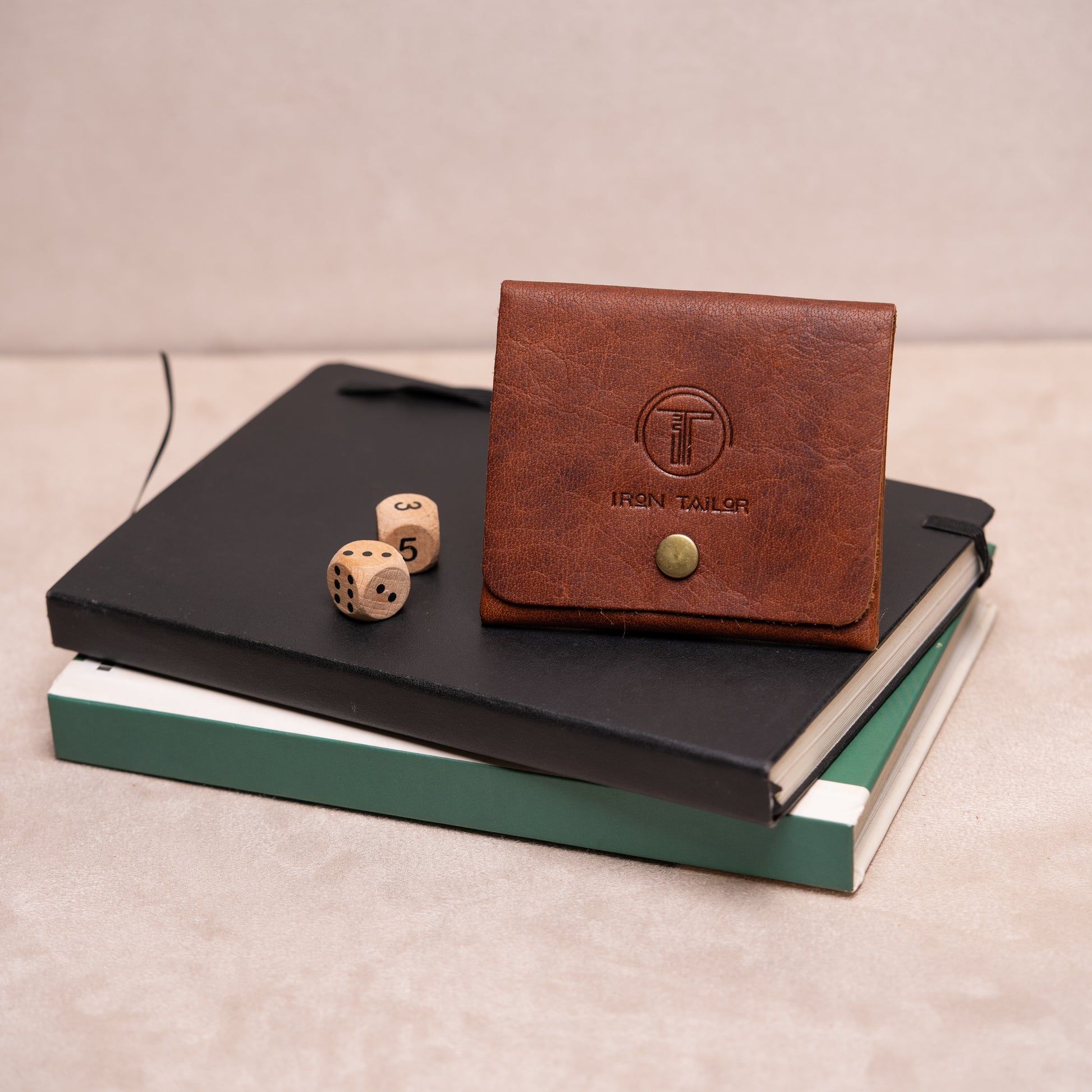 Brown Leather Snap Button Card Holder Lifestyle View | Iron Tailor