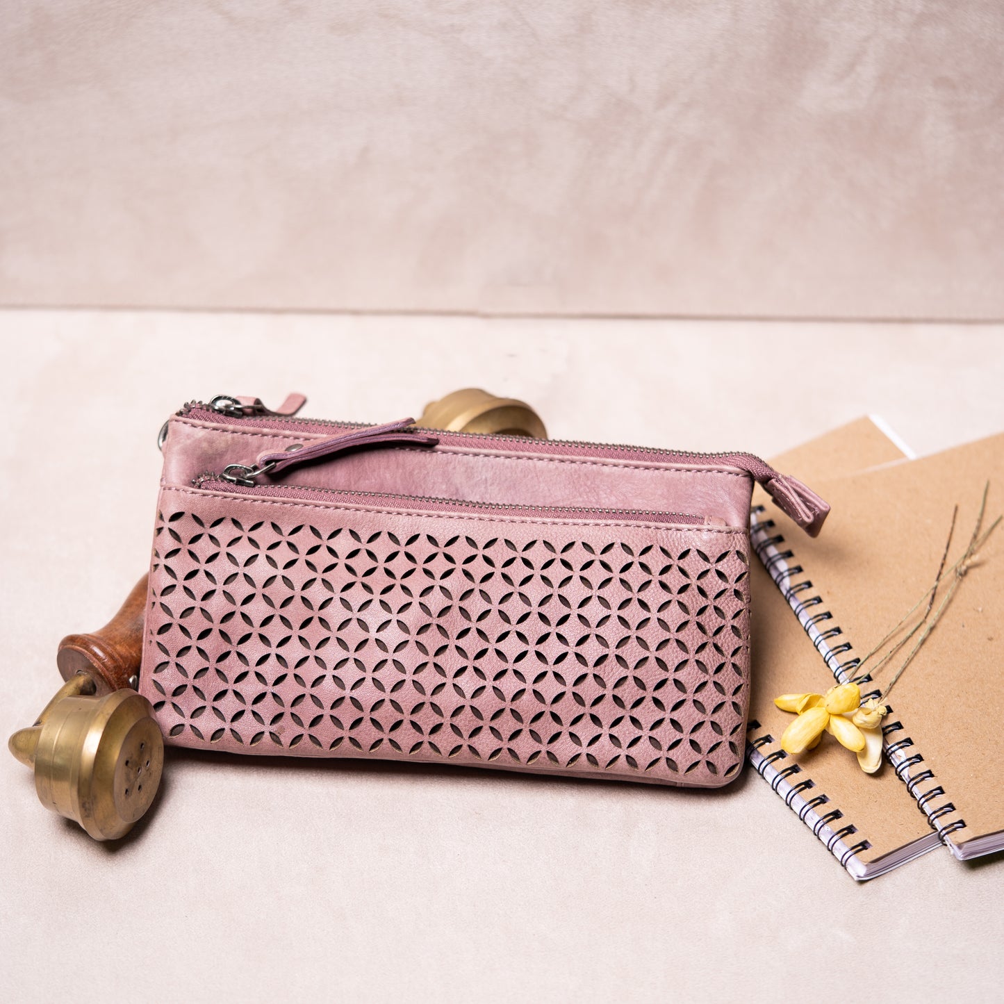 Mauve Genuine Leather Woven Sling Bag with Wrist Strap | Iron Tailor