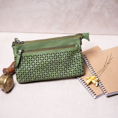 Green Genuine Leather Women Sling Bag with Wrist Strap | Iron Tailor