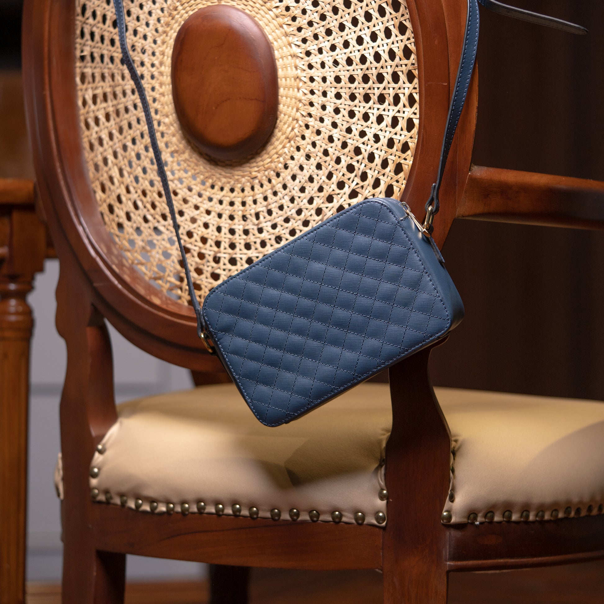Blue Diamond Stitch Leather Sling Bag for Women | Iron Tailor