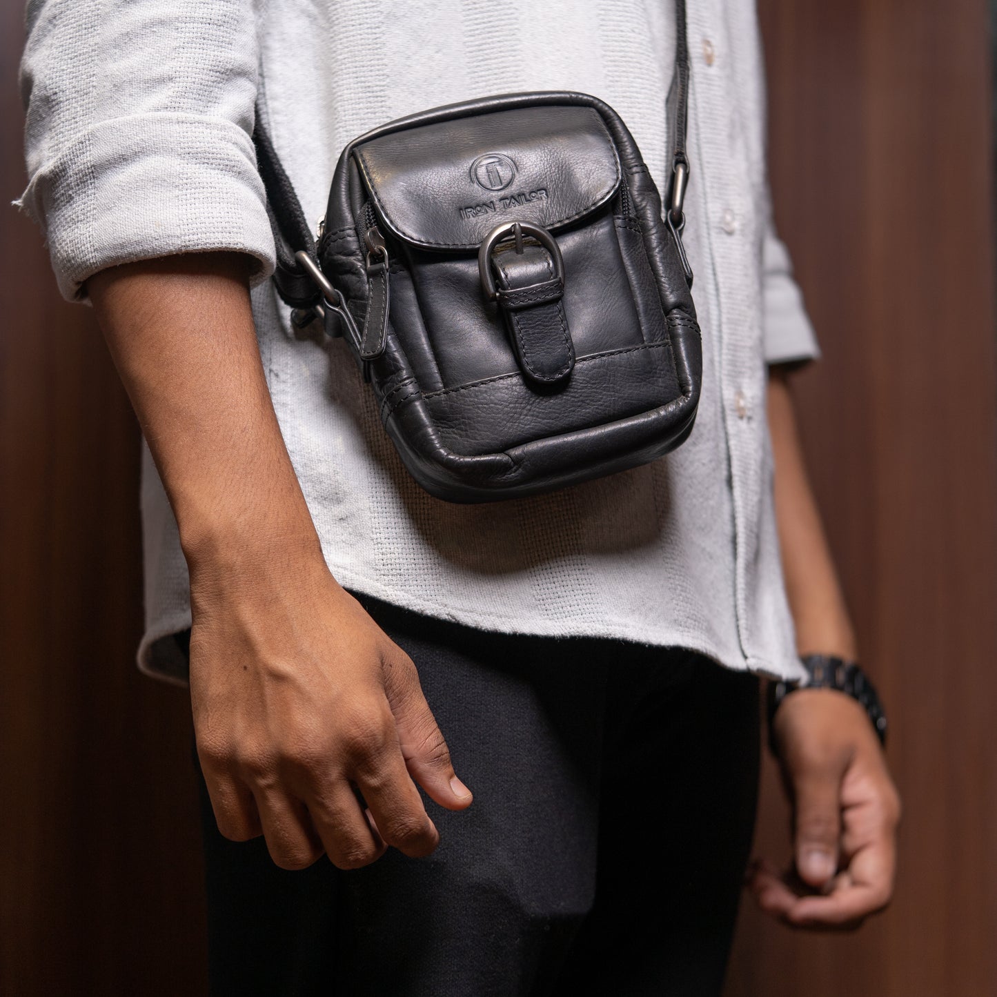 Black Leather Nighter Sling Bag Lifestyle View | Iron Tailor