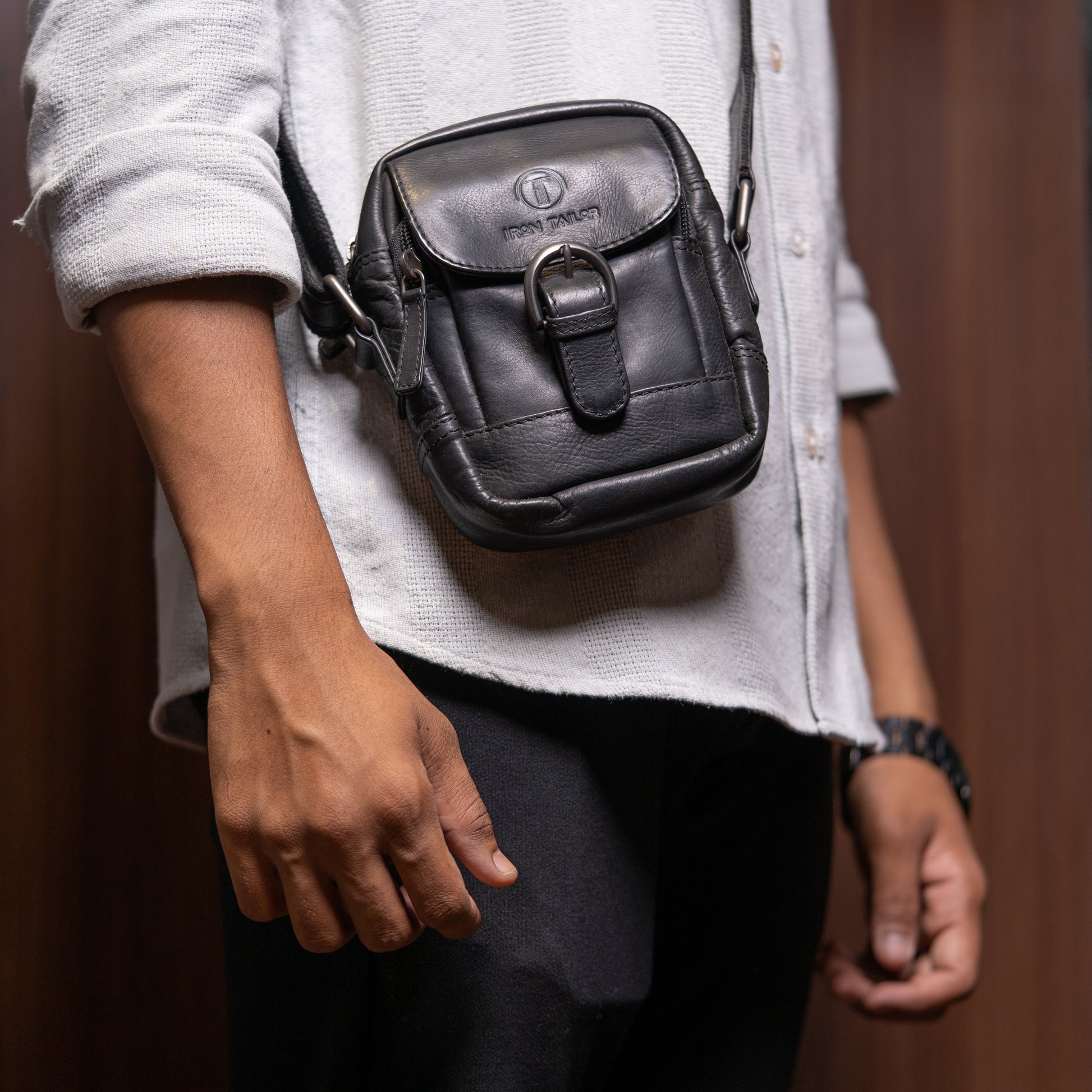 Black Leather Nighter Sling Bag Lifestyle View | Iron Tailor