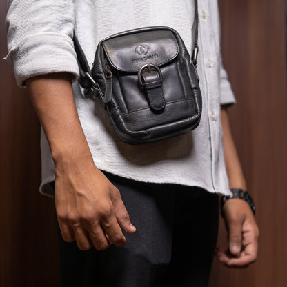 Black Leather Nighter Sling Bag Lifestyle View | Iron Tailor