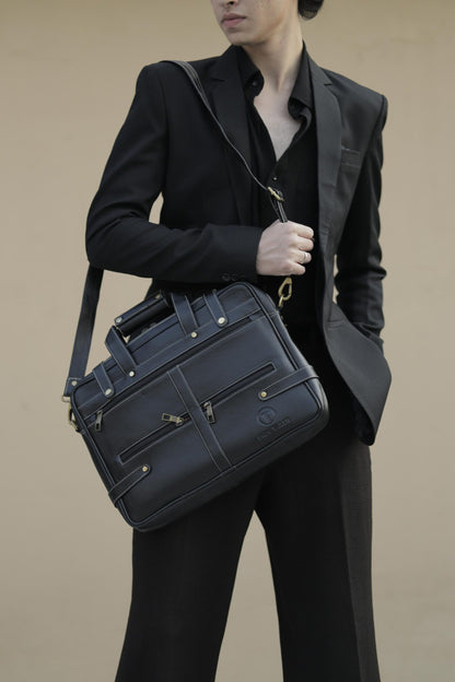 Black Genuine Leather Multizip Laptop Bag in Use | Iron Tailor