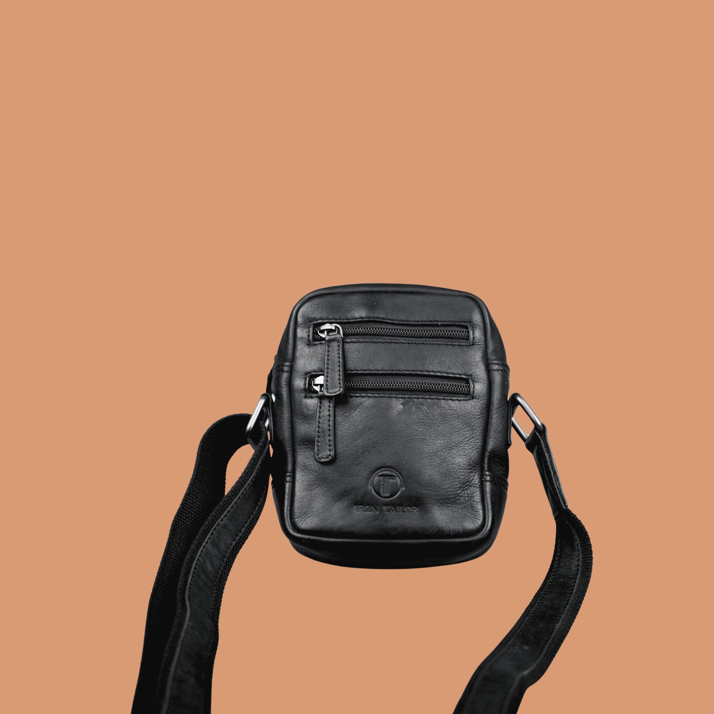 Black Leather Mini Sling Bag with Adjustable Strap | Iron Tailor