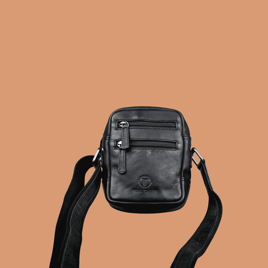 Black Leather Mini Sling Bag with Adjustable Strap | Iron Tailor